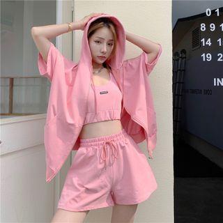 Set: Crop Tank Top + Shorts + Short-sleeve Hooded Zip Jacket
