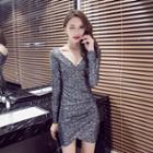 V-neck Long-sleeve Glitter Mini Sheath Dress