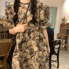 Bear Printed Puff-sleeve Receive Waist Dress As Shown In Figure - One Size