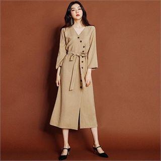 Button-detail Wrap-front Midi Dress With Sash