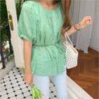 Puff-sleeve Shirred Blouse With Cord