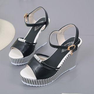 Striped Faux-leather Wedge Sandals