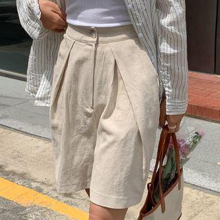 Band-waist Pintuck Front Linen Blend Shorts