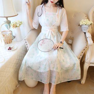 Set: Spaghetti Strap Floral Print Midi A-line Dress + Tie-front Jacket