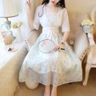 Set: Spaghetti Strap Floral Print Midi A-line Dress + Tie-front Jacket