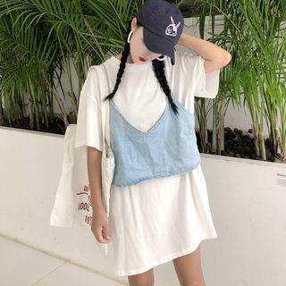 Set: Short-sleeve T-shirt Dress + Spaghetti-strap Denim Top