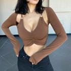 Long Sleeve Mock Two Piece O-ring Ruched Crop Top