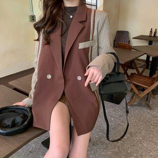 Double Breast Color Block Plaid Blazer