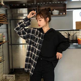 Contrast Check-panel Hoodie Black - One Size