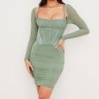 Long-sleeve Ruched Bodycon Corset Dress
