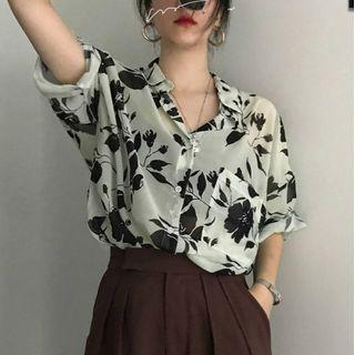 Flower Print Elbow-sleeve Shirt Light Green - One Size