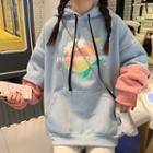Peach Print Color Block Hoodie As Shown In Figure - One Size