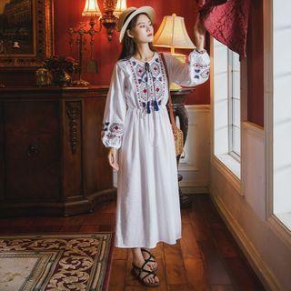 Puff-sleeve Patterned Embroidered Midi A-line Dress