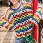 Striped Long-sleeve Knit Top As Shown In Figure - One Size