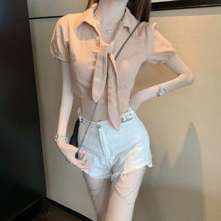 Tie-neck Short-sleeve Blouse / Chain Detail Denim Hot Pants
