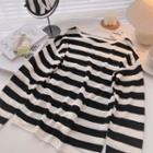 Long-sleeve Round Neck Striped Knit Top Stripes - Black & White - One Size