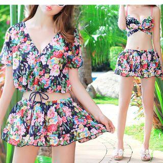 Set: Floral Print Bikini + Cover-up Top + Skirt