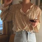 Floral Print Frill Trim Blouse As Shown In Figure - One Size