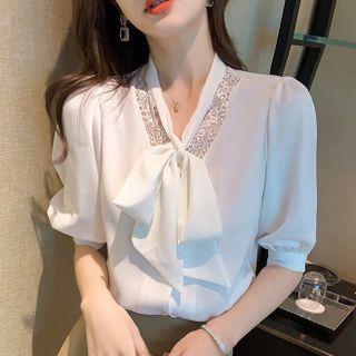 Short-sleeve Bow Plain Chiffon Blouse