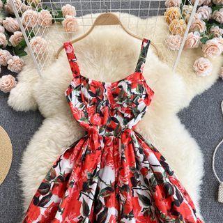 Print Ruffle Spaghetti-strap Dress