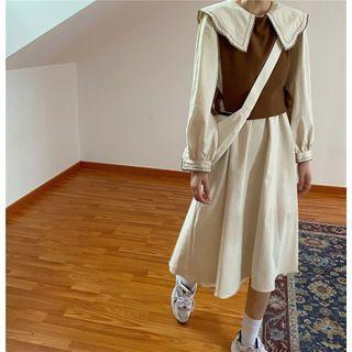 Lapel Embroidered Long-sleeve Dress/plain Vest