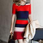 Elbow-sleeve Knit Sheath Dress