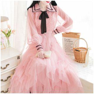 Balloon-sleeve Lace Panel Midi Layered Mesh Dress