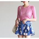 Elbow-sleeve Ribbed Knit Top