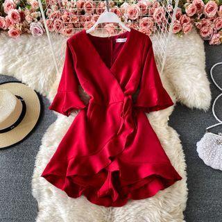 Bell Sleeve V-neck Ruffled Playsuit