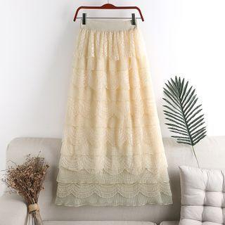 Lace Panel Layered Mesh Midi A-line Skirt