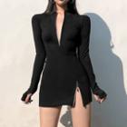 Half-zip Slit Mini Bodycon Dress Black - One Size