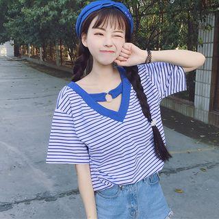 Short-sleeve Ring-detail Striped Top