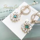 Faux Pearl Rhinestone Hoop Dangle Earring 1 Pair - Gemstone Flower - Green - One Size