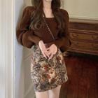 Set: Puff Sleeve Square Neck Sweater + Printed Mini Fitted Skirt