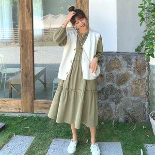 Plain Knit Vest / Long-sleeve Loose-fit Dress