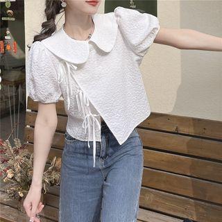 Puff-sleeve Peter Pan Collar Asymmetrical Lace-up Shirt
