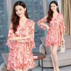 Flower Print V-neck 3/4-sleeve Dress