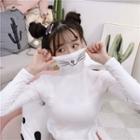 Mouth Print Turtleneck Long-sleeve Top