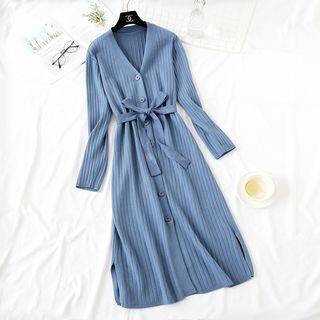 Tie-waist Single-breasted Plain Knit Dress