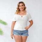 Plus Size Short Sleeve Square Neck Lace-up Ribbed Knit Top