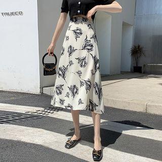 Rose Print Midi A-line Skirt