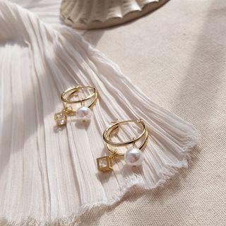 Faux Pearl Caged Rhinestone Dangle Earring Gold - One Size