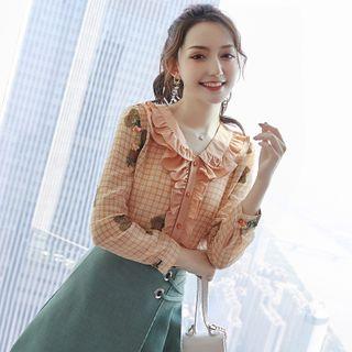 Set: Long-sleeve Plaid Chiffon Blouse + Camisole