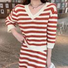3/4-sleeve Striped Sweater / Midi A-line Skirt