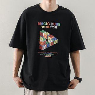 Short-sleeve Lettering Cube Print T-shirt