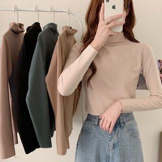 Long-sleeve Plain Semi High-neck Top