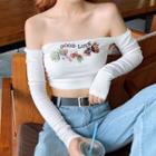 Long-sleeve Off-shoulder Embroidered T-shirt White - One Size