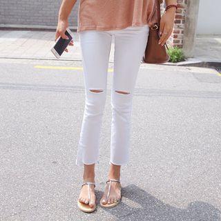 Fray-hem Distressed Boot-cut Pants