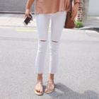Fray-hem Distressed Boot-cut Pants