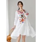 3/4-sleeve Ruffle-hem Flower Embroidered Dress